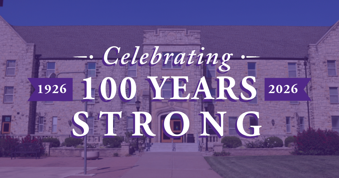 Image of Van Zile Hall with the text "Celebrating 100 Years Strong" over top with a purple sheer overlay.