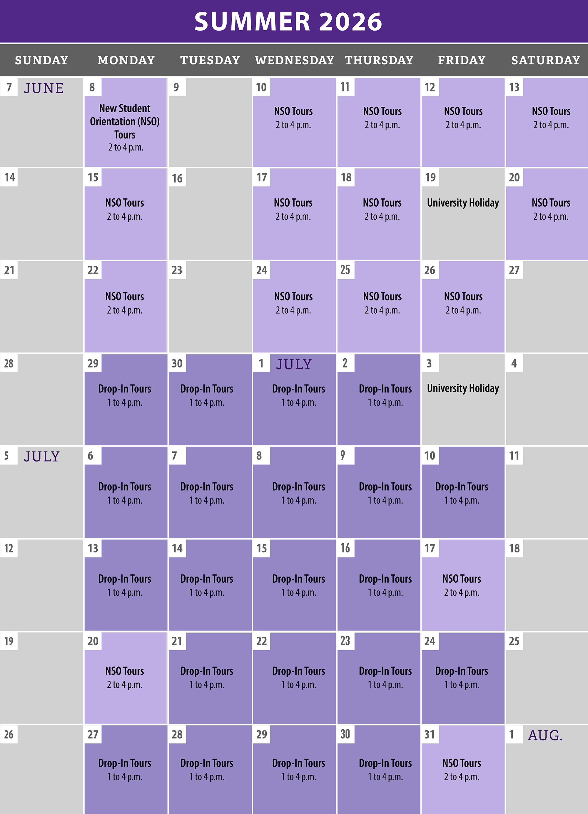 Visual representation of times and dates that drop-in residence hall tours will be available over the summer of 2026.