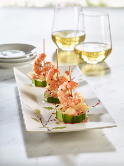 Watermelon Shrimp Spicy Crudite dressed on a white plate.