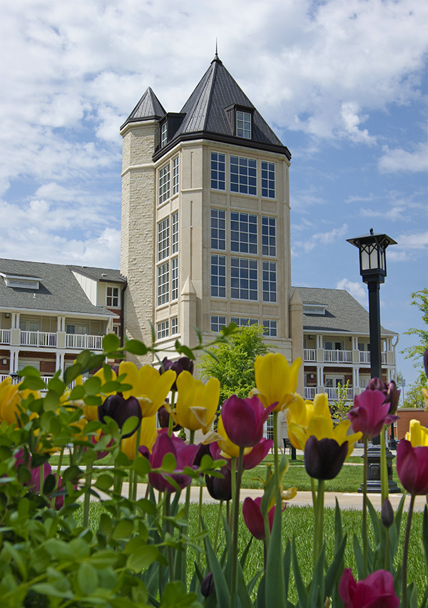 Exterior of the Jardine tower behind tulips