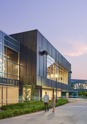 Exterior of the Kramer Center at sunset