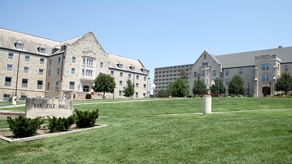Exteriors of limestone buildings in the Strong residence hall community